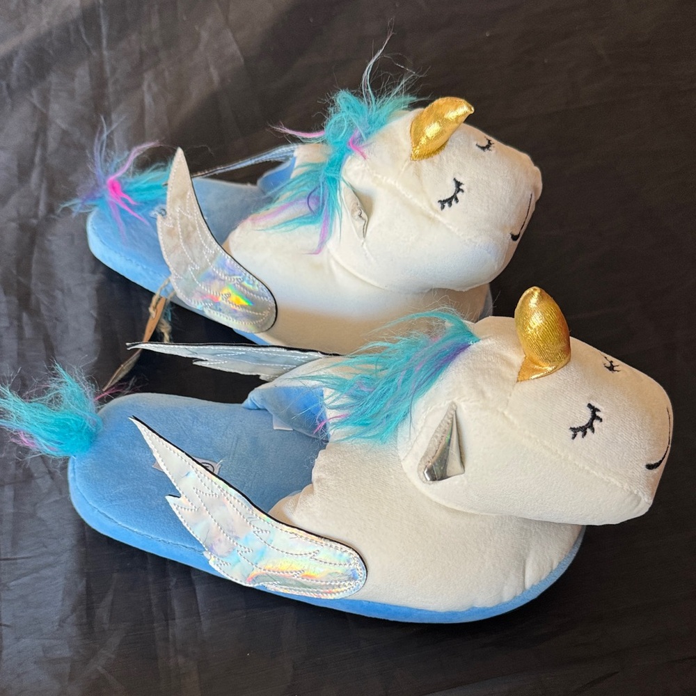 NWT Typo Unicorn Novelty Slippers - Blue and Gold Size M/L
